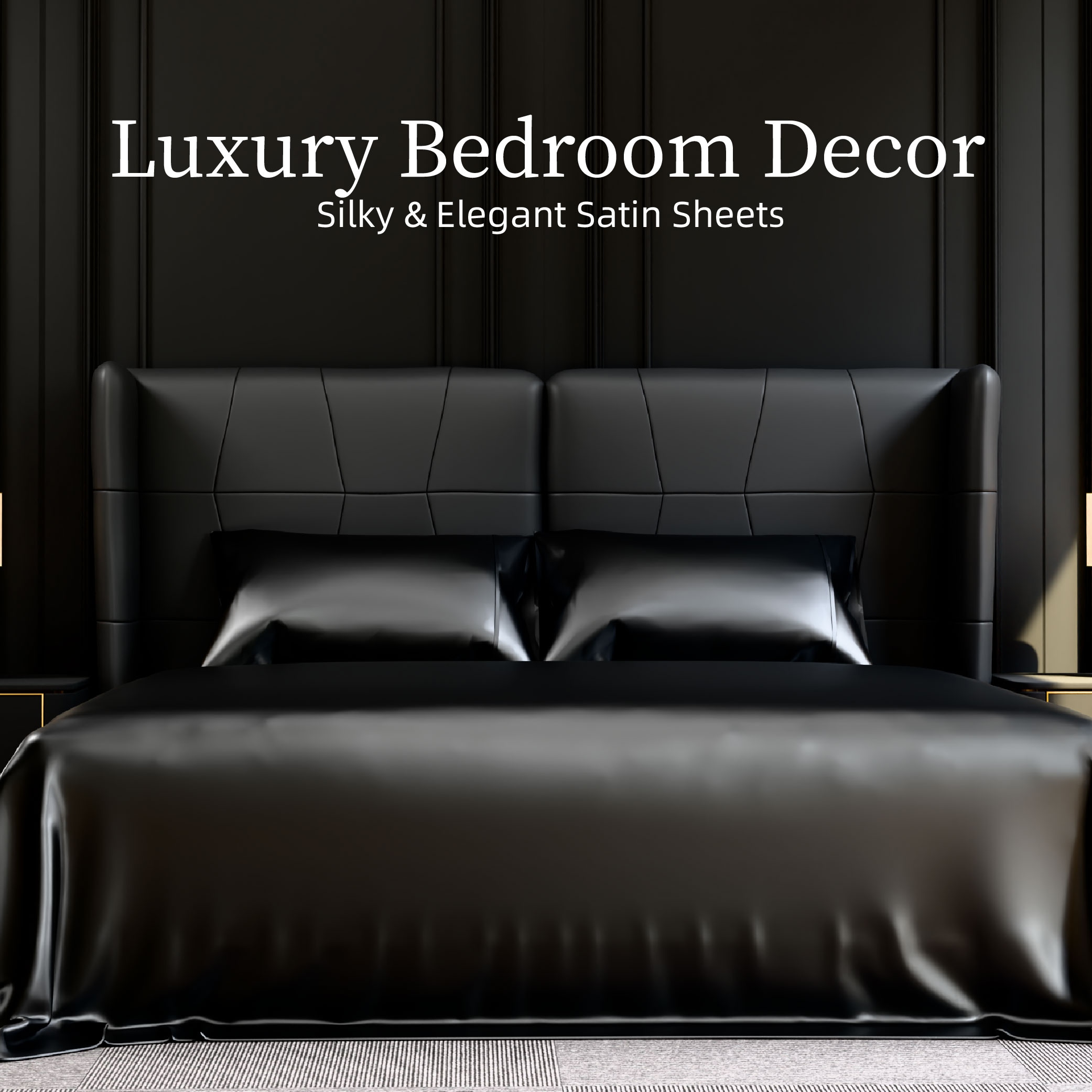 Satin Bed Sheets, King Size Sheets Set, 4 Pcs Silky Bedding Set With 15 Inches Deep Pocket For Mattress (King, Black)_voghion.com